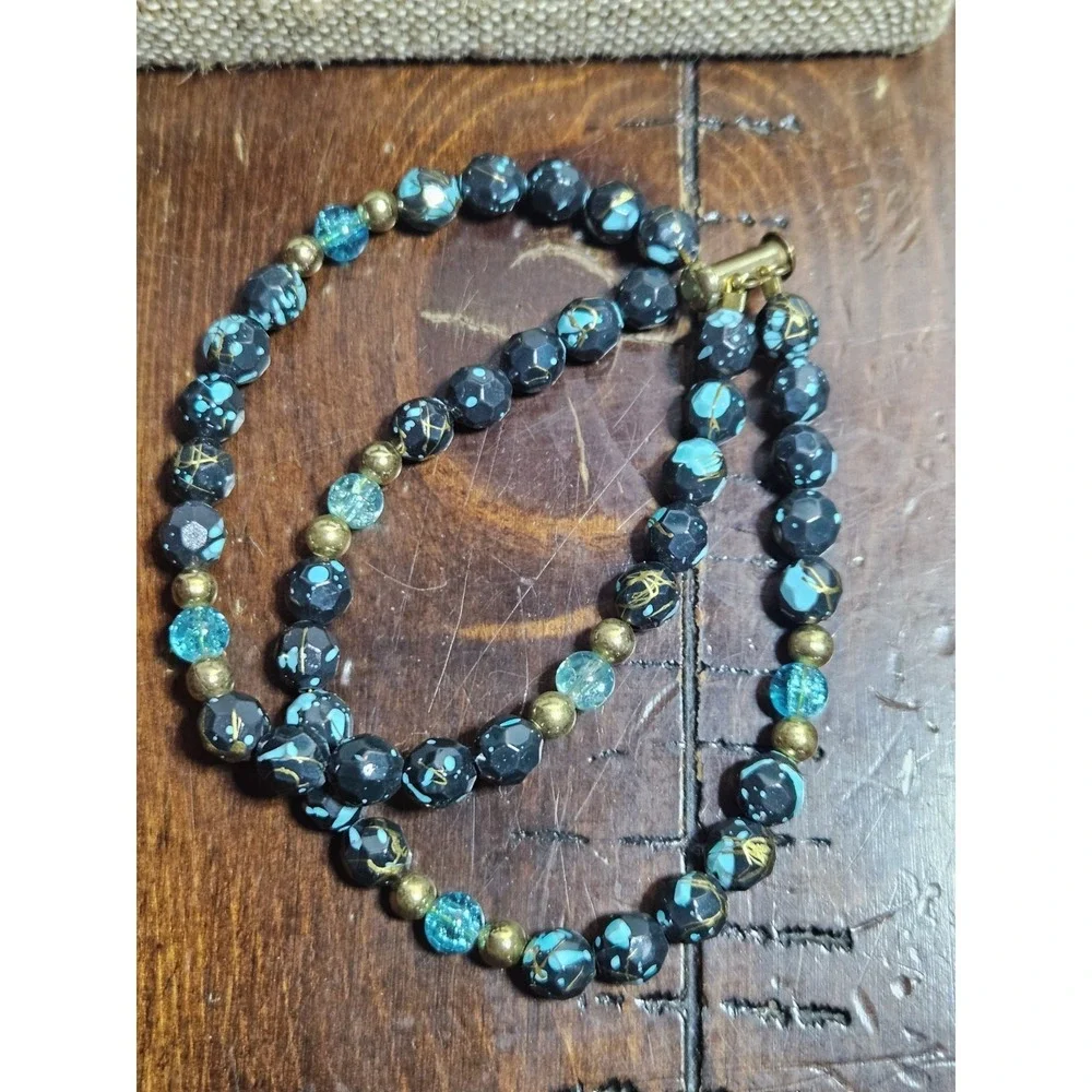 Vintage 2 Strand Bead Bracelet Black Turquoise Gold Splatter Lightweight Boho